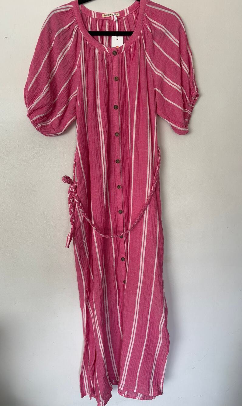Marine Layer Erin Shirt Dress Midi Fuschia Pink White Stripe Short Sleeve Sz L